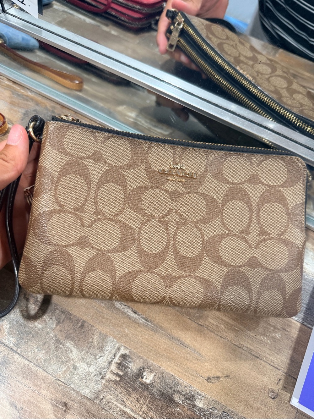Coach Brown Signature Canvas Wristlet with Gold Logo